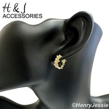 WOMEN REAL 925 STERLING SILVER ICY CZ GOLD PLATED FLOWER HUGGIE HOOP EARRING 246