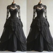 Vintage Black Wedding Dresses Long Sleeves Lace Appliques Gothic Bridal Gown