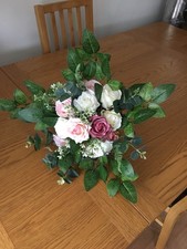 New artificial Bridal bouquet, 4 white rose button holes & 2 pink wrist corsages