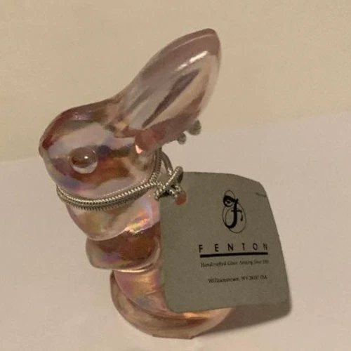 Vtg Fenton Glass Mini Bunny Rabbit Figurine Pink Iridescent 2.75" Tall w/Tag