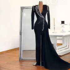 Black Evening Dress Deep V Neck Satin Long Sleeves Mermaid Evening Gown Beading