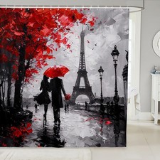 Red Eiffel Tower Shower Curtain 72"x78" Couple Valentine's Day Bathroom Showe...
