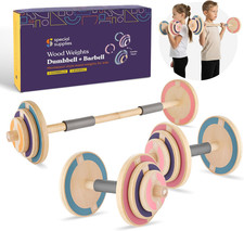 Kids Wooden Workout Play Weights Set - Adjustable Dumbbells and Barbell Set for