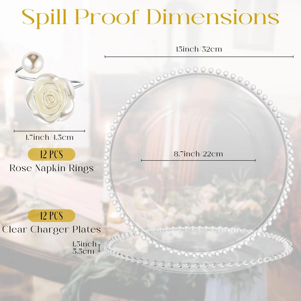12 Set Clear Charger Plates with Napkin Rings 13 Inch Plastic Round Charger P... - Image 2 of 4