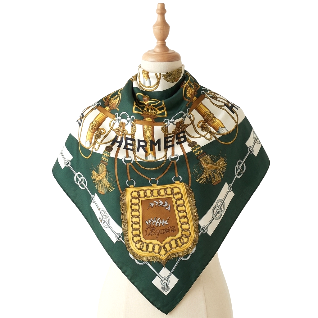 Auth Hermès Paris Cliquetis Silk Scarf 90 Women's Green Hermes