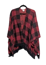 Mossimo Supply Red/Black Buffalo Plaid Poncho Cardigan Open Cape Fringe S/M