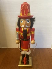 Fire Fighter Fireman Wood 15” Nutcracker W/ Hose And Hydrant