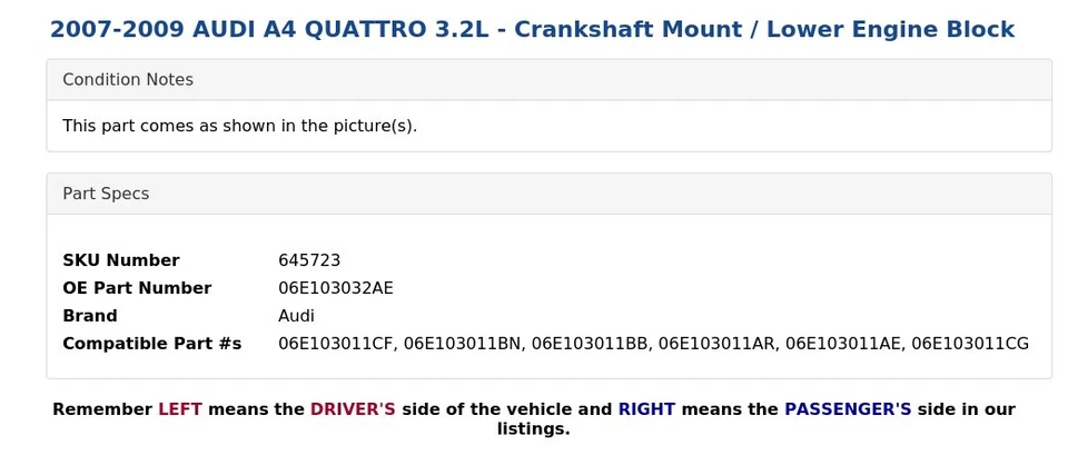 AUDI A4 QUATTRO 2007-2009 3,2 L - montaje del cigüeñal/bloque inferior del motor Foto 4 de 4