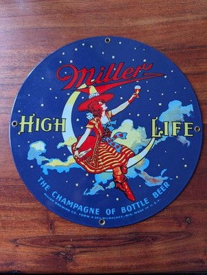 Miller High Life  Girl on the Moon  Round Porcelain Metal Sign   Ande Rooney USA