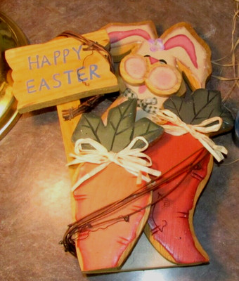 HAPPY EASTER Bunny Rabbit SIGN Wall Art Shelf Decor 10'' PLAQUE Figurine Spring