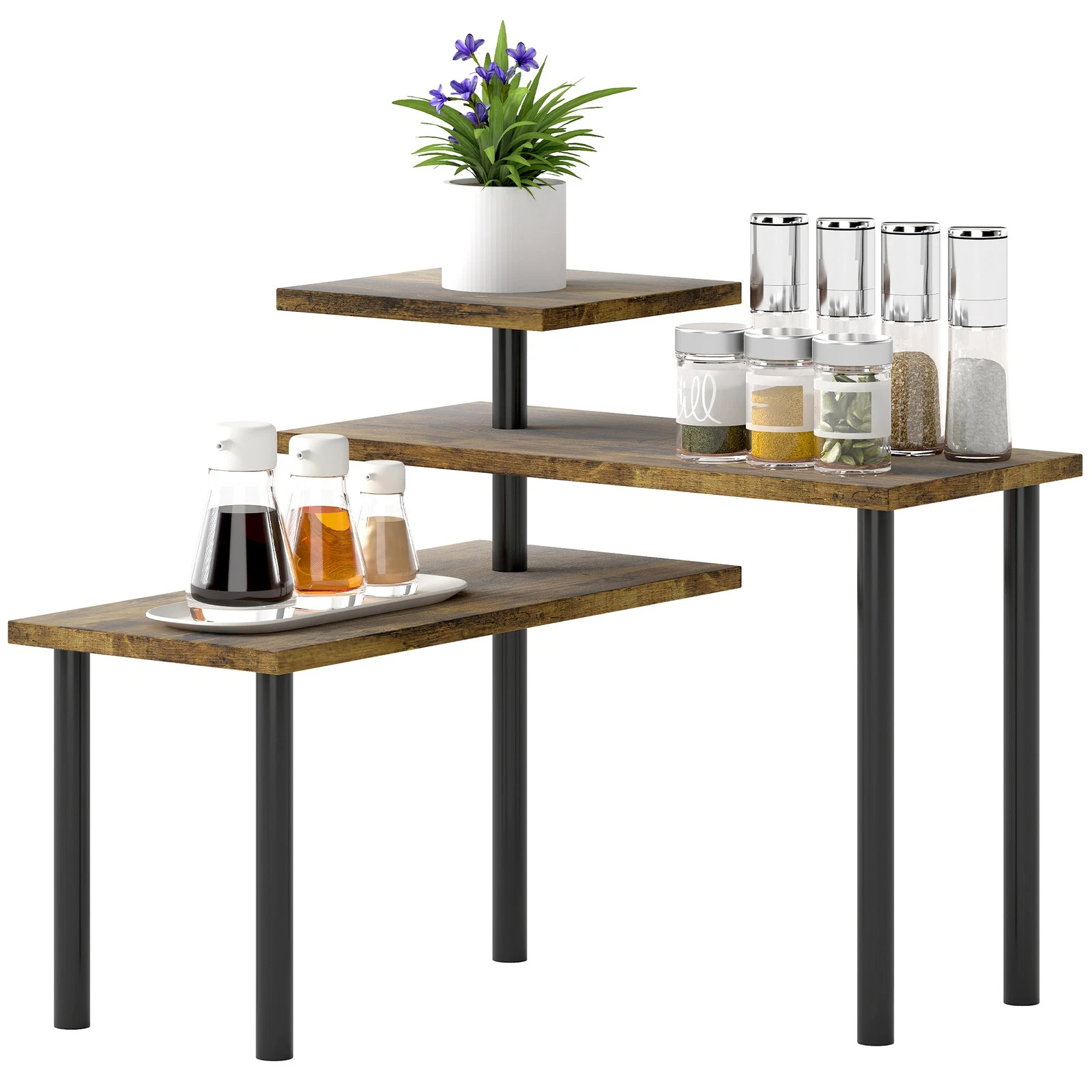 HOMCOM 3-Tier Kitchen Countertop Organizer for Spice Rack,Rustic Brown