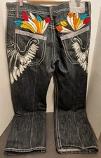 Delf Trading Imperious Jeans 38x34 Black Y2K Baggy Wide Leg Wings Winged READ