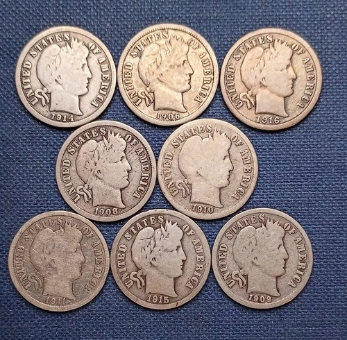 LOT OF EIGHT BARBER DIMES -- Good & better, all diff, 1/2 MM - inc '08-O & '09-D