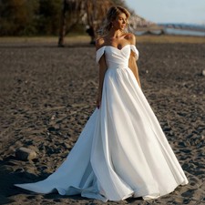 Simple A-Line Wedding Dresses Off Shoulder Cap Sleeves Satin Ruched Bridal Gowns