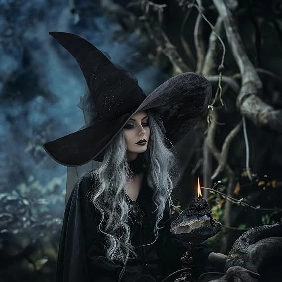 Chapéu de bruxa feminino preto mascarado franzido tamanho grande bruxas chapéus de veludo largos... - Imagem 4 de 4