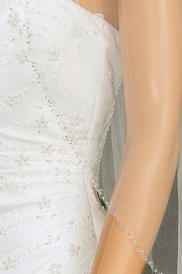 1T Ivory Bridal Elbow Length Silver Beaded Edge Wedding Veil