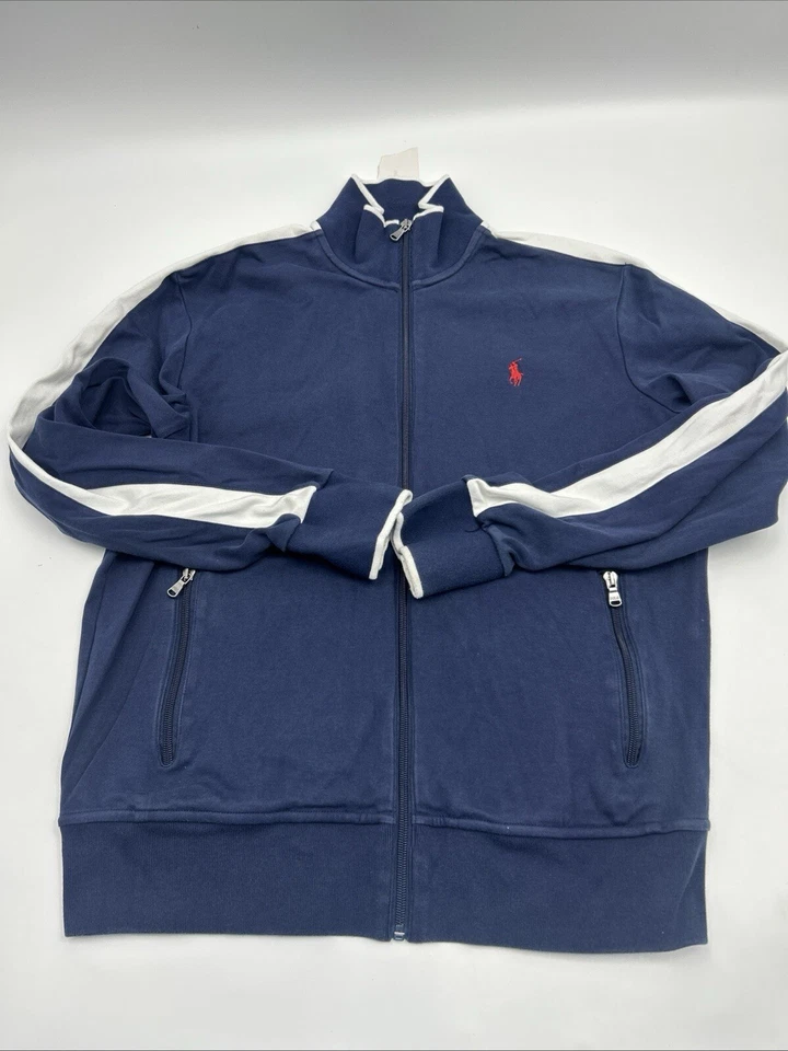 Ralph Lauren 男式海军蓝校服运动夹克中号白色条纹全拉链 — 第 2/4 张图片
