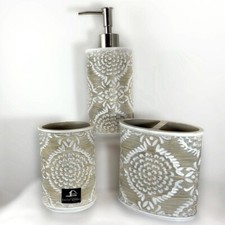 Elite Khaki Carved 3 Piece Bathroom Vanity Accessory Set Tan/Beige White