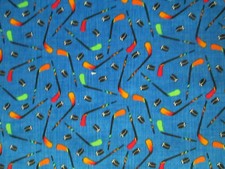 HOCKEY SMALL STICKS PUCKS BLUE COTTON FABRIC FQ