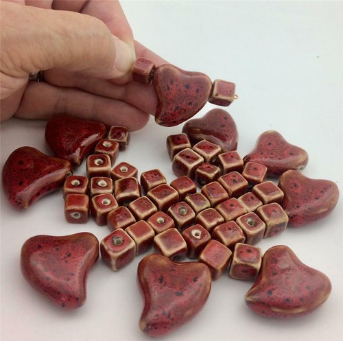 Mixed Lot Reddish Brown Speckled Ceramic Heart & Cube Beads