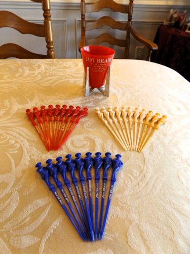 29 JACK DANIELS WHISKEY RED / WHITE / BLUE FIGURAL SWIZZLE STICKS W/ MCM HOLDER - Picture 3 of 14