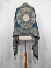 Teal Green Gold Metallic Brown Baroque Style Scarf 27 x 72 Inches