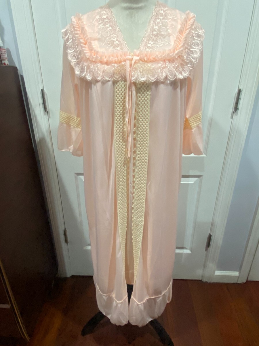 Silky Sleeveless Nightgown w/Robe Embroidery Lace Floral Design Peach Size XL