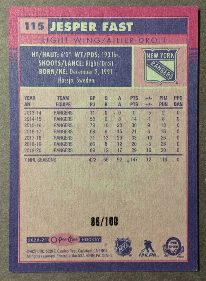 2020-21 O-Pee-Chee Retro Black Parallel #115 Jesper Fast New York Rangers 86/100 - Image 2 of 2