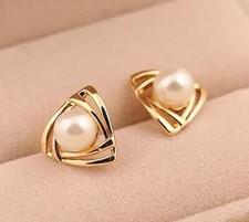 Gold Triangle White Pearl Stud Fashion Earrings UK