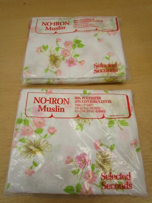 2pc Vintage Selected Seconds No Iron Muslim Twin flat sheets FLOWER NEW 