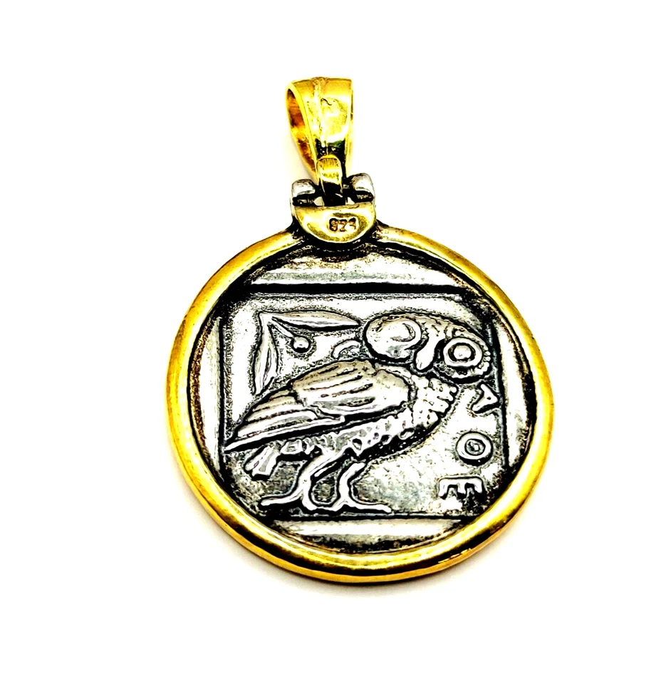Moneda Griega Búho Atenea Tetradracma Plata de Ley 925 Colgante Dos Tonos Foto 4 de 4