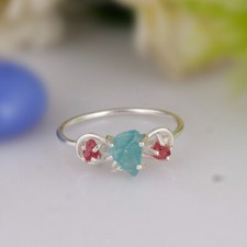 Rough Apatite And Ruby Dainty Ring 925 Sterling Silver Engagement Ring For Her