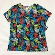 ScrubStar V-Neck Medical Uniform Scrubs Top Size Medium Multicolor Leaf Pattern