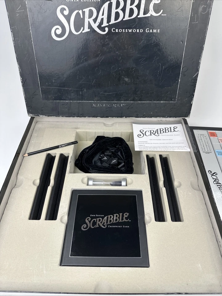 Scrabble Deluxe Onyx Edition Rotating Turntable Black Silver Wood Tiles Complete - Image 2 of 4