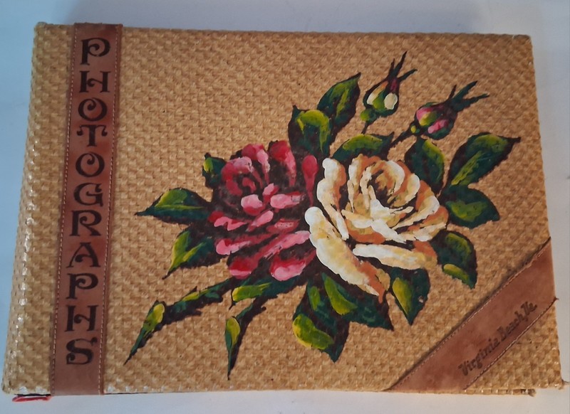 Vintage Woven Burlap Photograph Album Hand Painted Roses VA Beach Souvenir