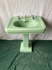 Antique 28x22 Jadeite Ming Green Ceramic Pedestal Sink Old Vtg Standard 413-25E