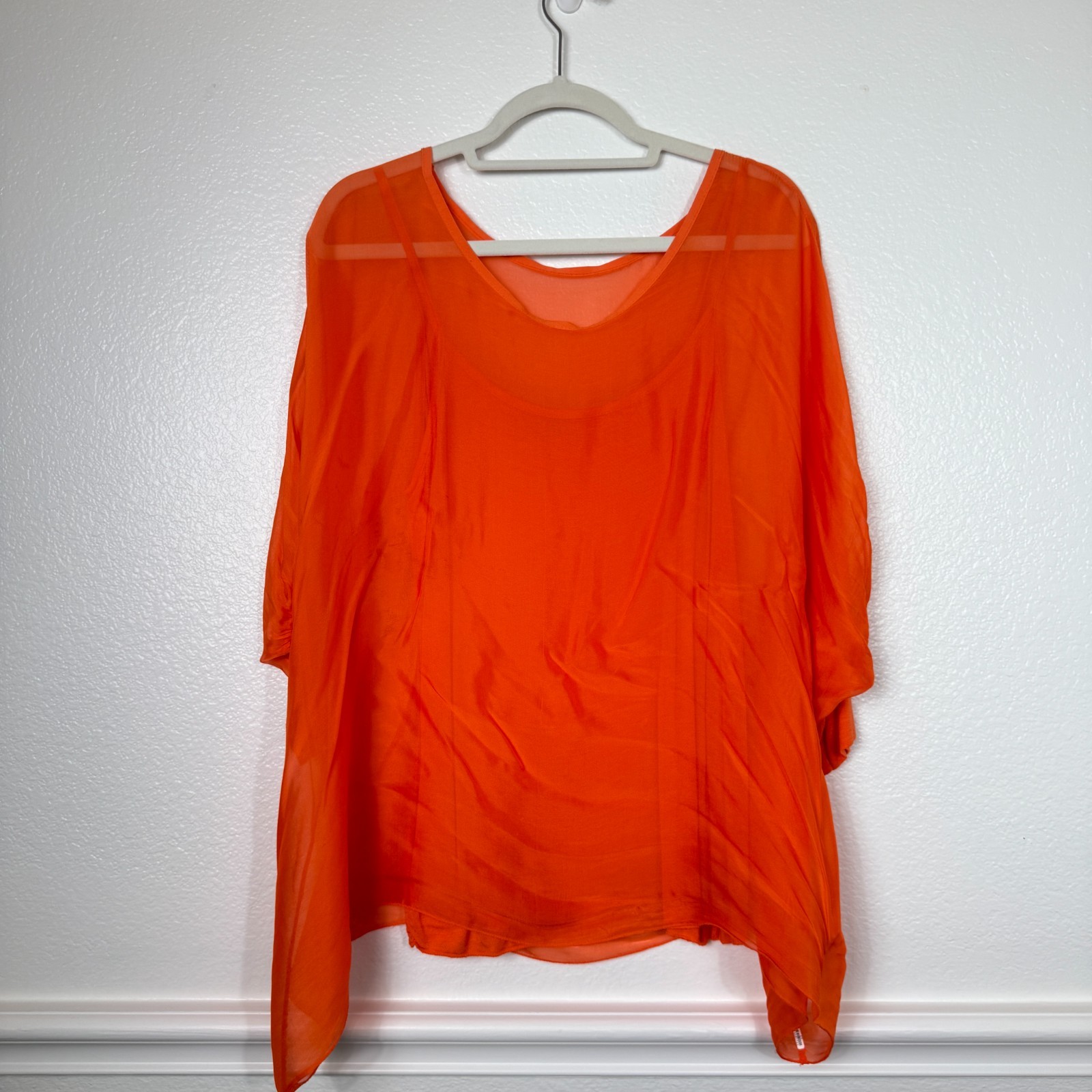 Sofia Silk Blend Tunic Top Women One Size Orange Dolman Sleeve Italy Sheer Layer