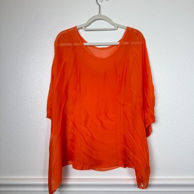 Sofia Silk Blend Tunic Top Women One Size Orange Dolman Sleeve Italy Sheer Layer