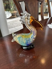 Vintage Multi Color Hand Blown Art Glass Bird Pelican Approx 7"