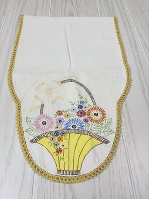 Vtg  Embroidered Crochet Dresser Scarf Table Runner Flower Basket  37 x 12 