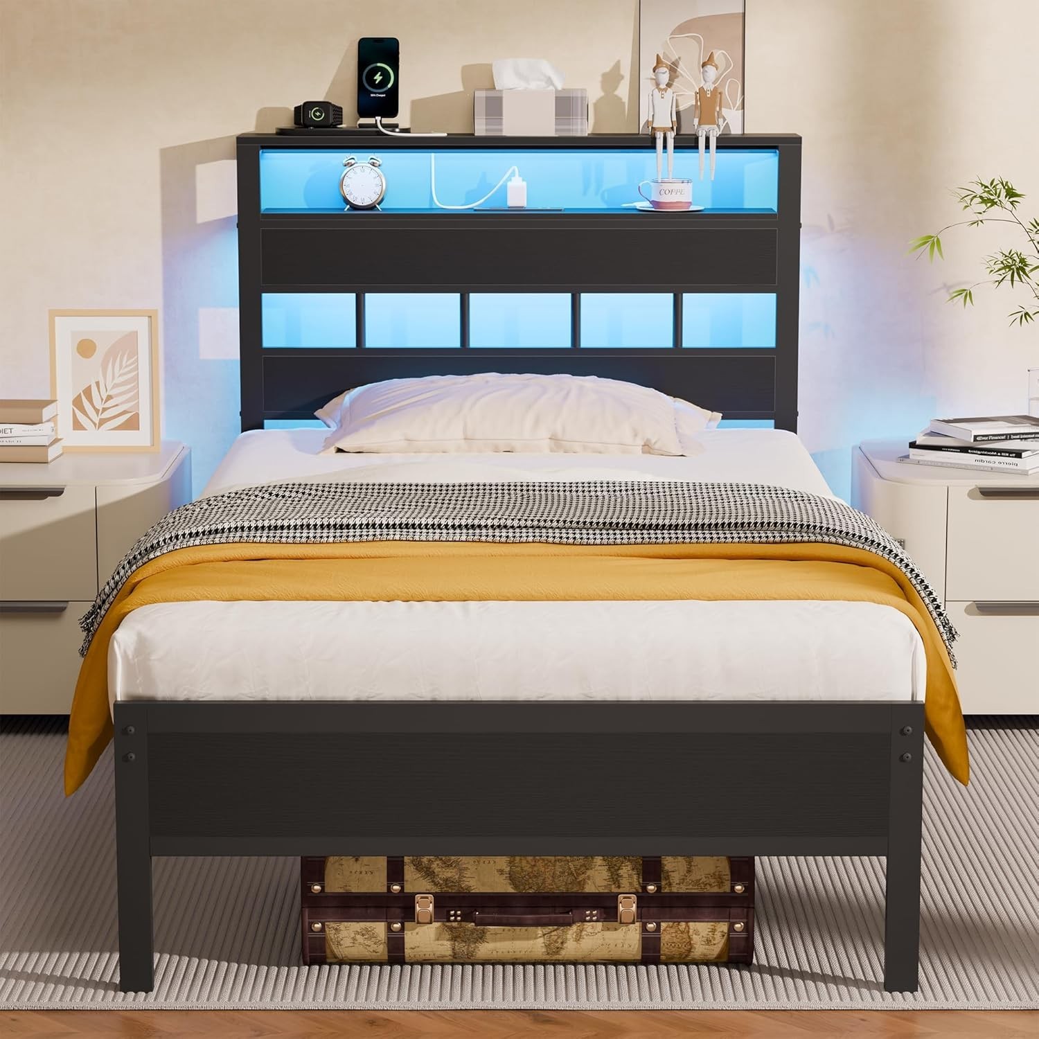 S With Charging Station And Led Lights, Twin Size Platform Bed Wit