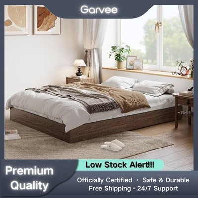 Queen Size Wooden Platform Bed Frame Walnut Wood Slats No Box Spring Low Profile