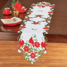 Beautiful Embroidered Cardinals & Christmas Poinsettia Polyester Table Runner