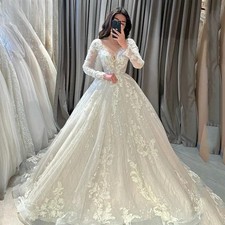 Boho Wedding Dress Long Sleeves Lace Appliqued V-Neck A-Line Gown Elegant Shiny