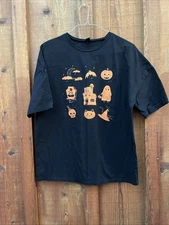 Shein Womans Halloween Tee Shirt Large Black w/Orange Graphics 100% Cotton