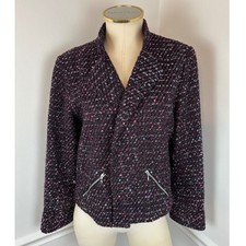 CHICO'S Black Purple Open-Front Metallic Eyelash Tweed Blazer Jacket 1 M/8
