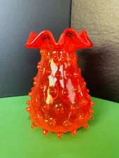 Vintage Red Hobnail Glass Vase W/ Tapered Ruffled Rim 5-1/4" Tall Excellent Cond