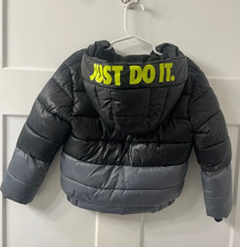 Nike Kids Black and Gray Puffer Jacket with Neon Logo