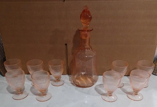 Vintage Anchor Hocking Pink Depression Glass Decanter W/ Stopper and 9 Glasses