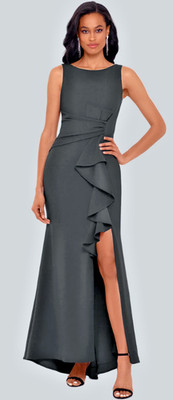 Betsy & Adam Formal Gown Petite Size 8P True Black Ruffled Boat-Neck NWT APR121